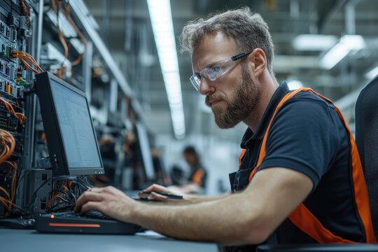 IT specialist checking hardware and systems in office environment.