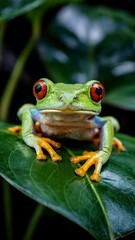Fototapeta premium Vibrant green red eyed tree frog perched on a lush dark green leaf in a tropical rainforest setting