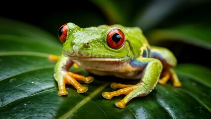 Close up of a vibrant green red eyed tree frog with bright orange feet perched on a dark green tropical leaf