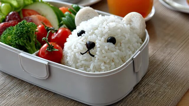 Creative bento box features adorable bear face made of rice and fresh vegetables arranged beautifully at a lunch setting