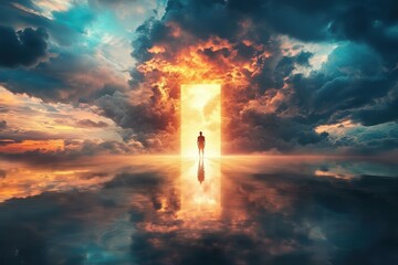 A lone figure walks toward a glowing doorway in a surreal, reflective landscape beneath a dramatic sky filled with vibrant clouds.