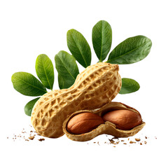 Whole peanut in textured shell alongside fresh green leaves, arranged with warm natural lighting and isolated on transparent background for snack branding. --v 7.0 --s 250 --raw