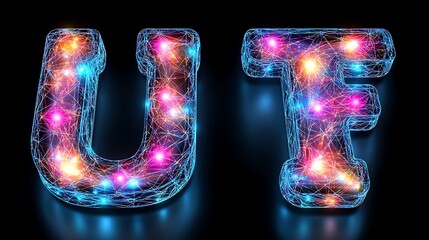 Vibrant, illuminated letters U and F in a digital style.