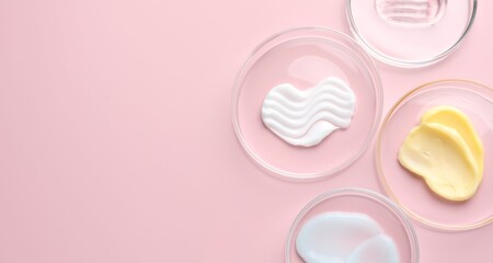 Different cosmetic products in Petri dishes on pink background, flat lay. Space for text
