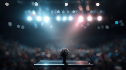 Empty stage microphone, illuminated by spotlights, before a large audience