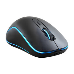Wireless computer mouse with sleek contours and blue accents, shown at a three-quarter angle and isolated on transparent background. --v 7.0 --s 250 --raw
