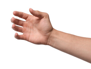 Man holding something on white background, closeup