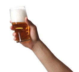 Man with glass of tasty beer on white background, closeup