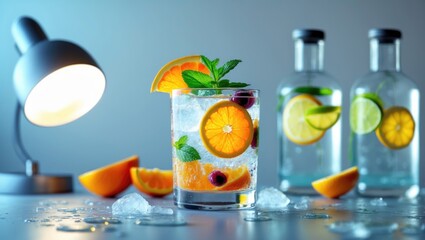 Fresh fruit-infused water with orange, lemon, and berries in a glass, surrounded by fruit slices and bottles of water with citrus, under a desk lamp.