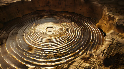 Top-down view of a large petrified resonator organ with glowing concentric rings found in a desert canyon