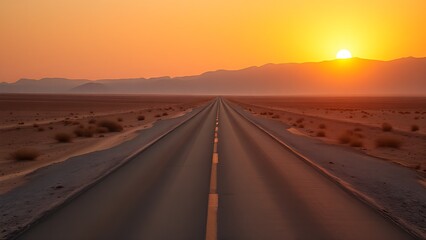 A desert road splits under a golden sunset, creating a striking contrast with warm hues.