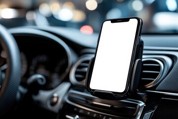 A smartphone with a blank screen mounted on a car dashboard, with a blurred city night background and illuminated steering wheel.