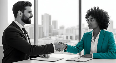 Diverse Partnership Sealing A Deal With A Handshake In A Modern Corporate Environment