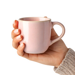 Woman's hand holding pink ceramic coffee mug, softly lit to highlight gesture and minimalism, isolated on transparent background. --v 7.0 --s 250 --raw
