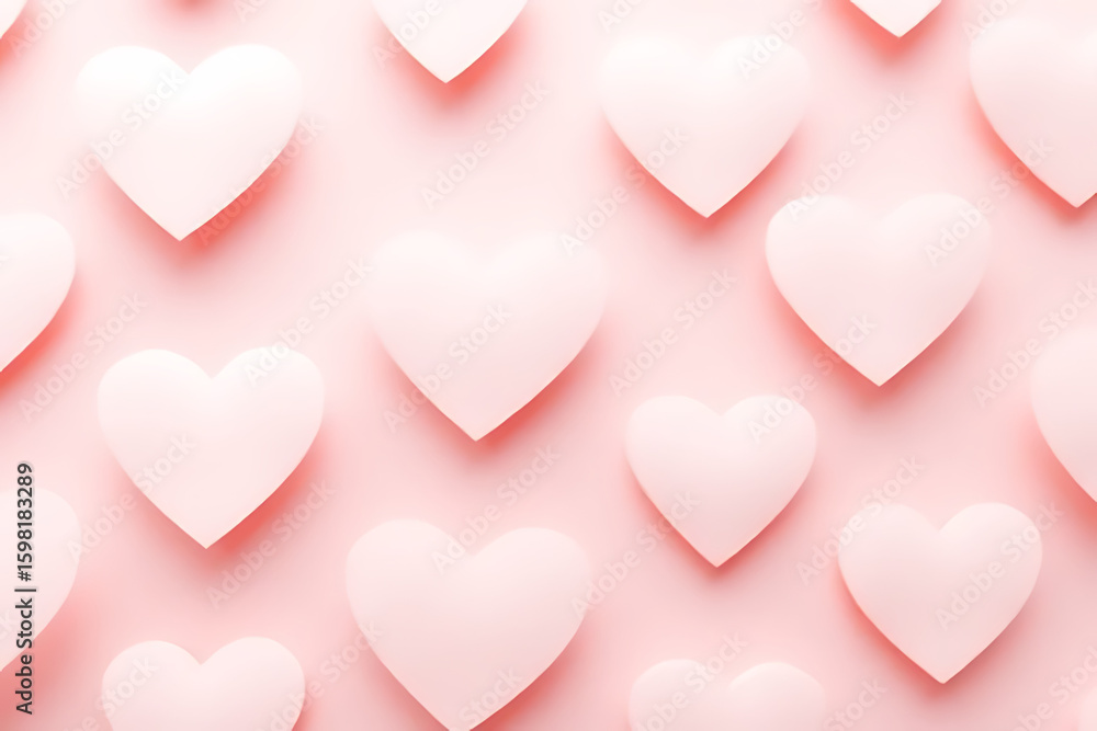 Poster pink hearts arranged in a repeating pattern on a light pink background creating a romantic and lovin