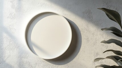 Minimalist white plate shadow play on textured wall modern interior photography soft natural light