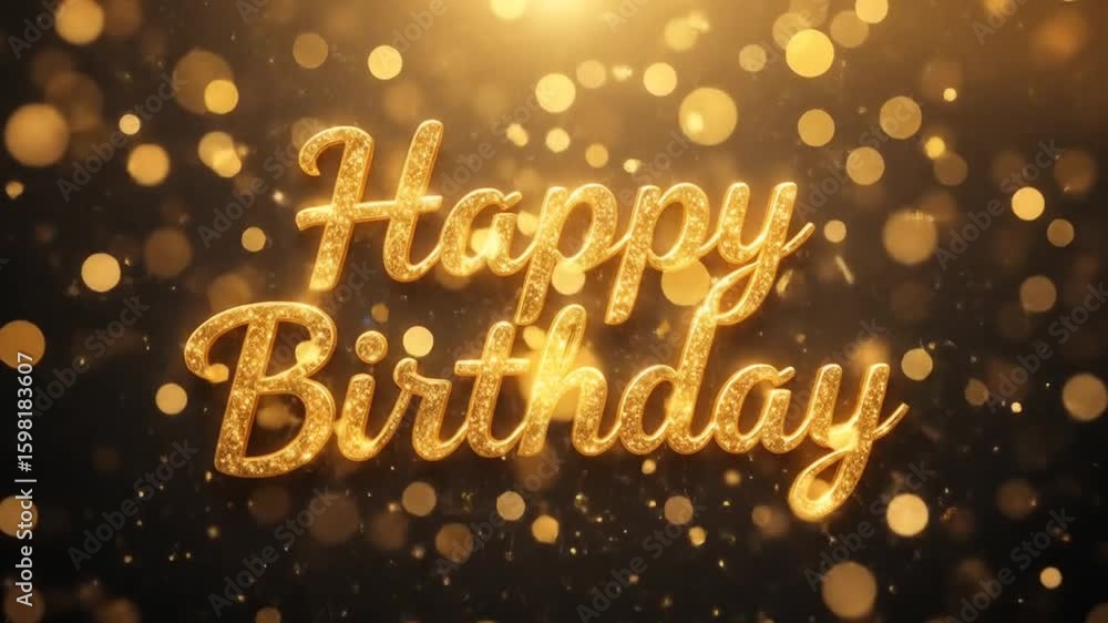 Poster elegant golden happy birthday animation with sparkling particles and bokeh background