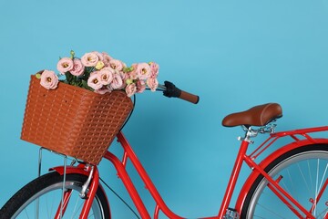 Bicycle with basket of beautiful flowers on light blue background