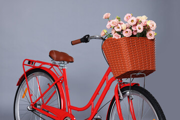 Bicycle with basket of beautiful flowers on grey background