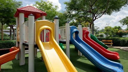 Colorful playground with various slides and climbing structures in a sunny park setting for children to enjoy outdoor fun - Powered by Adobe