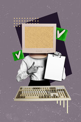 Composite zine art pop trend collage of anonym businesswoman instead head pc monitor hold clipboard...