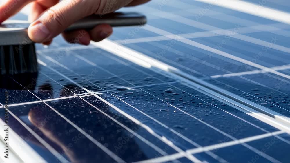 Poster close up view of a hand using a brush and water for cleaning a solar panel, ensuring optimal efficie
