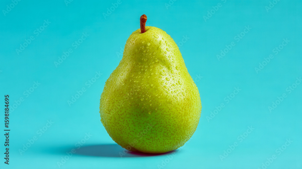 Poster a green pear is sitting on a blue background. the pear is shiny and wet, and it is the only object i