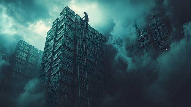 Person climbing container tower in dark environment