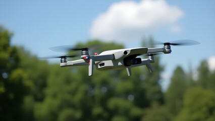 A compact quadcopter drone with an integrated camera hovers mid-air against a background of green trees and blue sky.