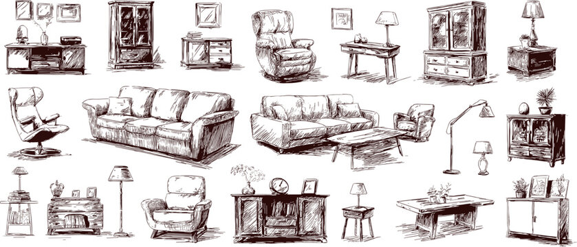 Home furniture sketches. Living room furnitures sketches set, cozy sofa couch chair torcher lamp sideboard cabinet dresser nightstand coffee table hand drawn vector illustration