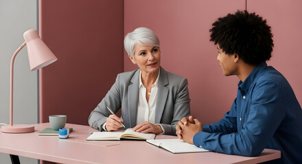 Diverse Professionals Discussing Ideas During Meeting At Office Pink Environment
