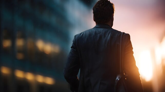 Businessman walking away from office building at sunset - Powered by Adobe