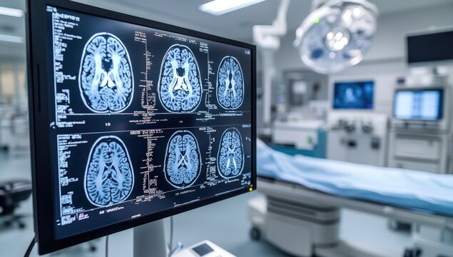 Multiple brain MRI scans displayed on a monitor in a modern medical imaging room.