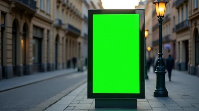 Green screen banner stands tall in a street evening scene, &mdash;ideal for visual campaigns, digital ads, branding, outreach, billboard mockups, and street promotions.