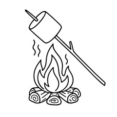 Marshmallows roast on campfire black and white icon clean line art, doodle style. Ideal for logo, tattoo, app, coloring book, web design, infographics, banner, poster, and more. Vector illustration