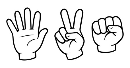 Obraz premium Rock paper scissors hand sign set black and white icon clean line art, doodle style. Ideal for logo, tattoo, app, coloring book, web design, infographics, banner, poster, and more. Vector illustration