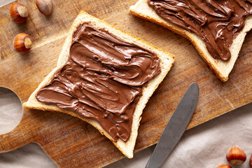 Homemade Chocolate Hazelnut Toast, top view. Flat lay, overhead.