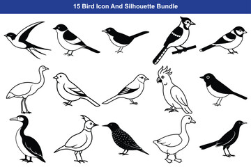 Collection of hand drawn bird silhouettes and line art