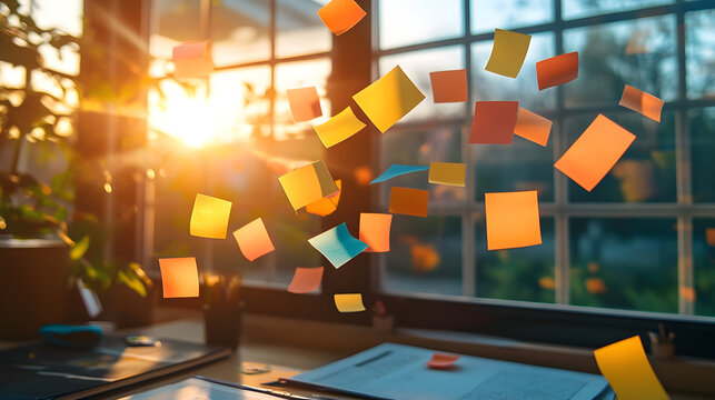 Sticky notes float near desk and window - Powered by Adobe