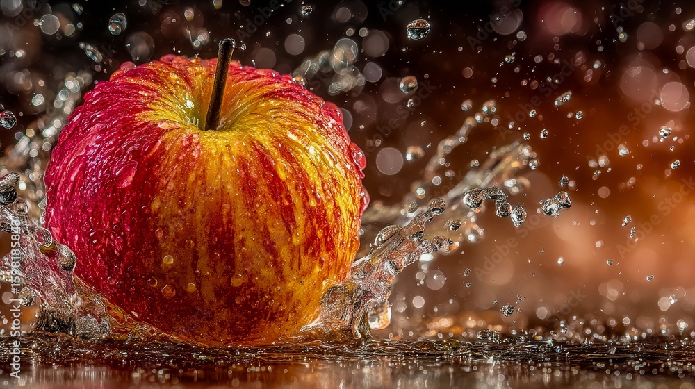 Poster a red and yellow apple is falling into a pool of water. the apple is surrounded by water droplets, c
