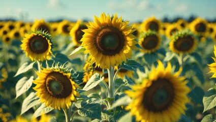 Obraz premium Sunflower field in full bloom during daytime, with vibrant yellow flowers and green leaves. Bright sunlight enhances the cheerful atmosphere of the scene.