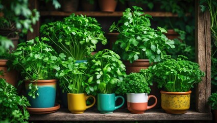 Lush green plants in colorful pots arranged on a shelf, showcasing vibrant foliage and a variety of potted greenery.