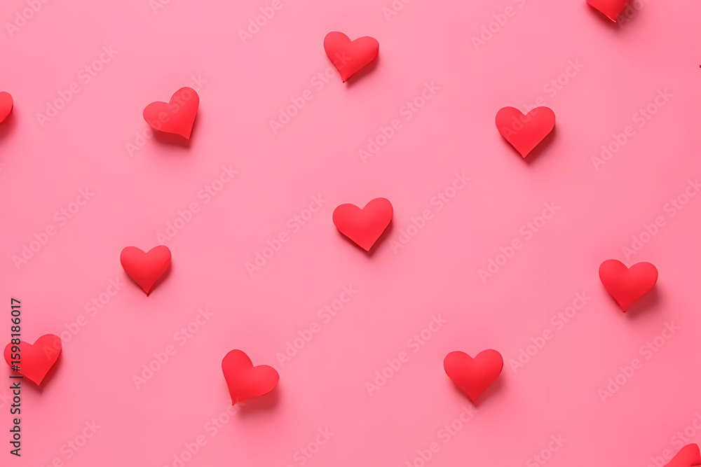 Poster scattered red heart shapes on a vibrant pink background creating a romantic and playful pattern for 