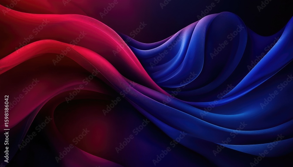 Poster abstract wavy flowing lines in red and blue with dark gradient background