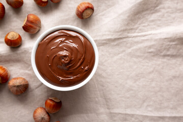 Homemade Chocolate Hazelnut Spread in a Bowl, top view.