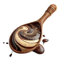 Wooden spoon with dark chocolate swirl, creamy texture with rich shine, isolated on transparent background. --v 7.0 --s 250 --raw