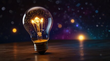 Glowing incandescent light bulb on dark surface, sparks and bokeh background.