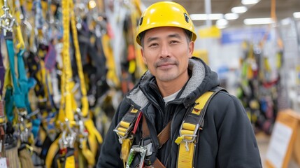 Worker in safety gear stands confidently in equipment store, showcasing harnesses and safety gear for industrial use