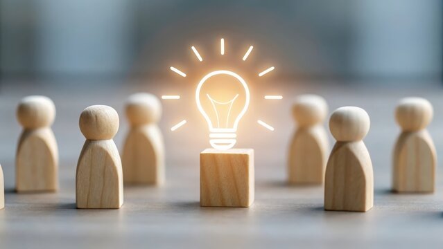 Lightbulb icon glowing at the center of group blocks — collective team creativity spark
