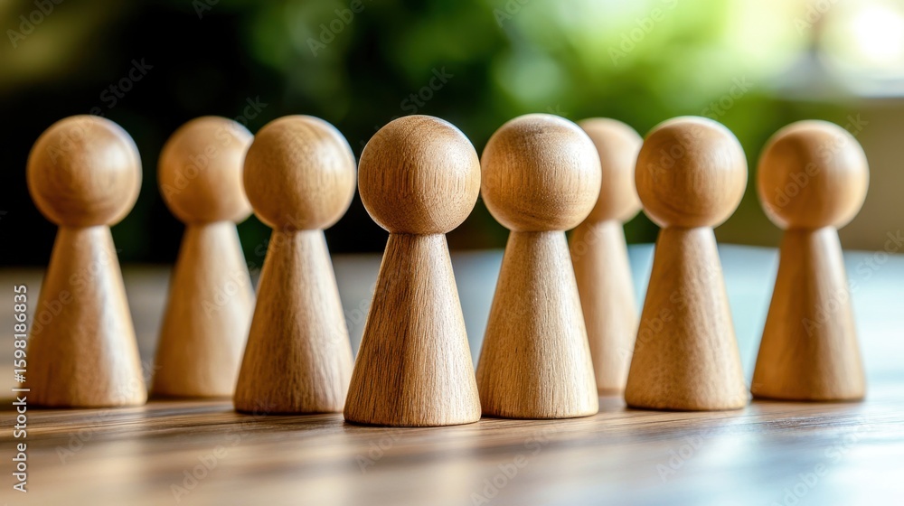 Poster group of wooden game pieces displayed on a table, focused on circular and cone-shaped designs with g